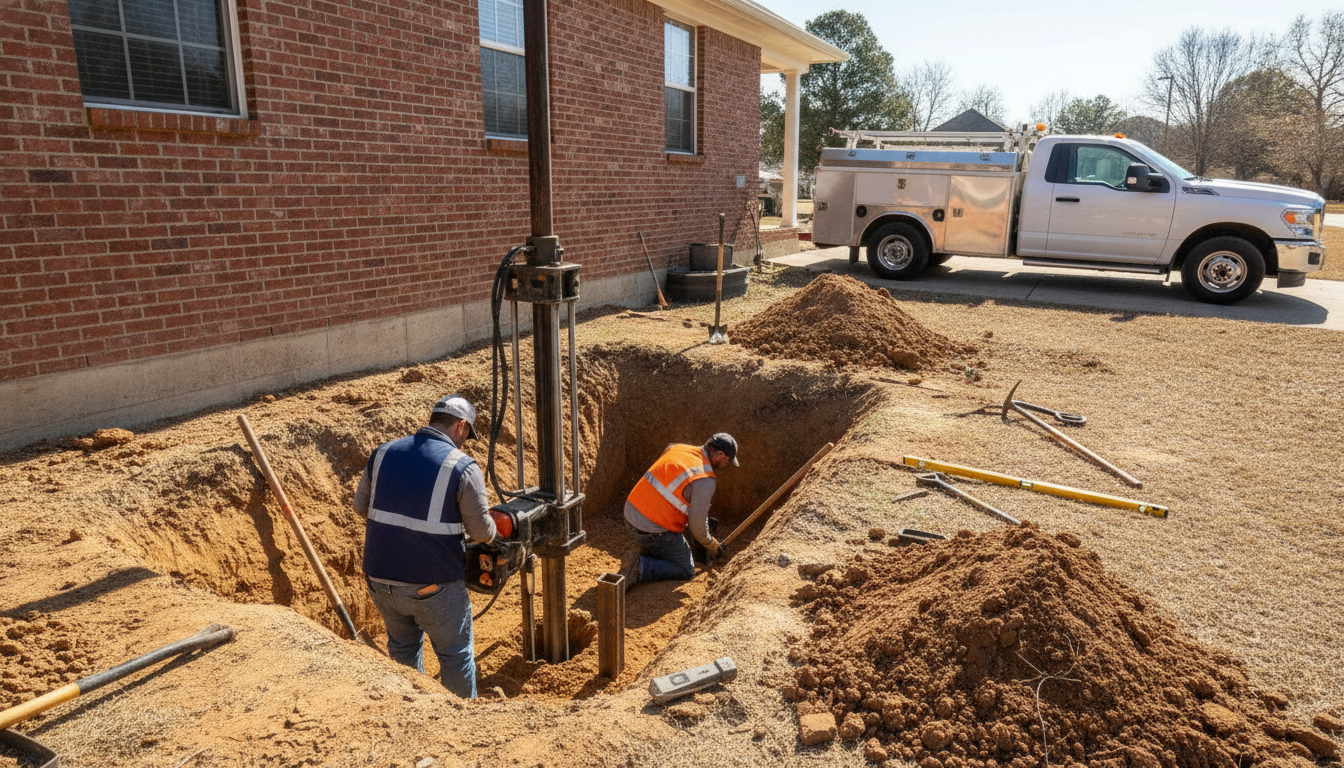 Foundation repair crew installing a steel push pier system at the base of a brick house