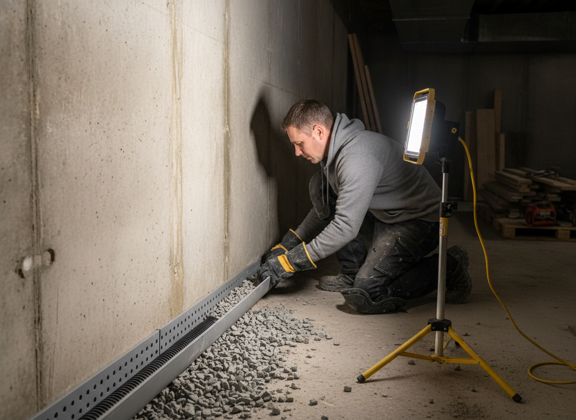 Technician installing an interior perimeter drainage system along a basement wall