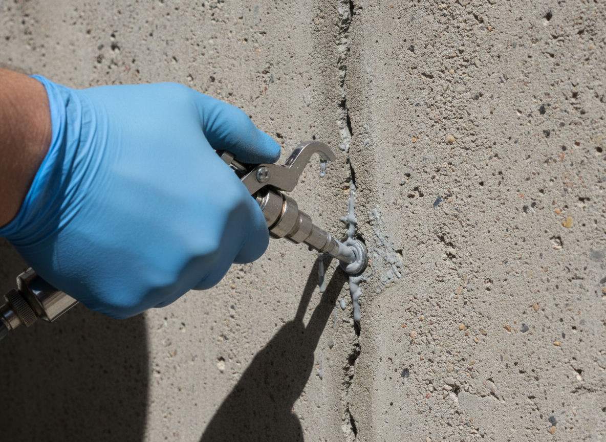 Technician injecting epoxy sealant into a vertical crack in a concrete foundation wall