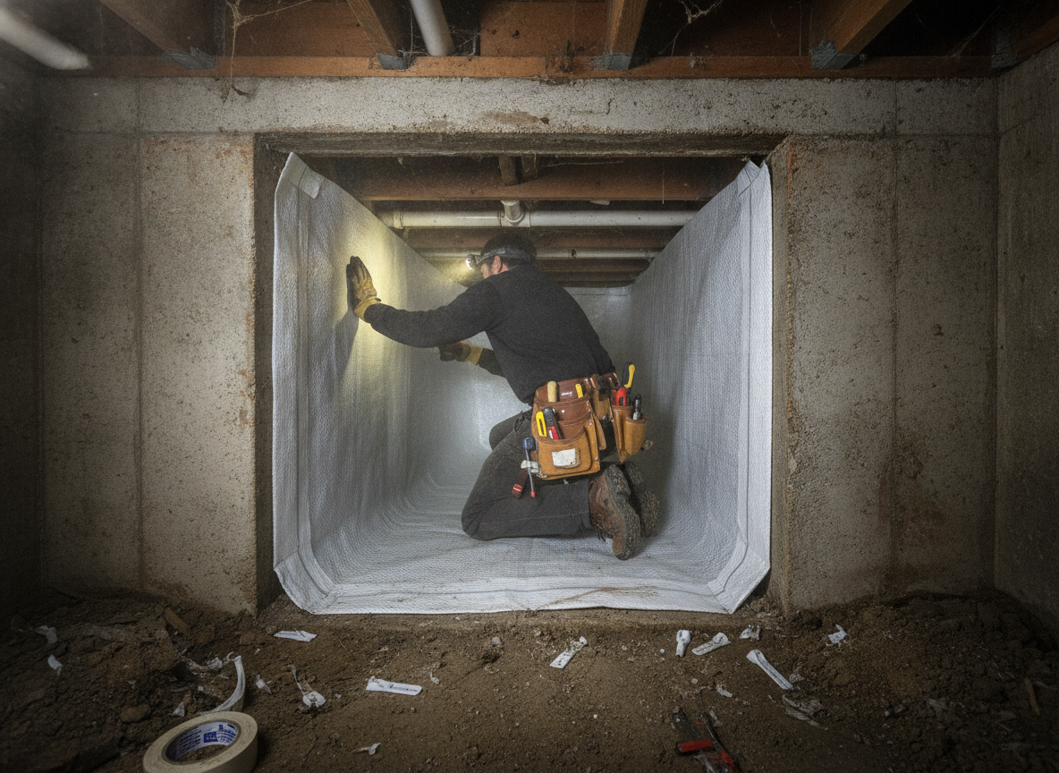 Technician installing a vapor barrier in a home crawl space